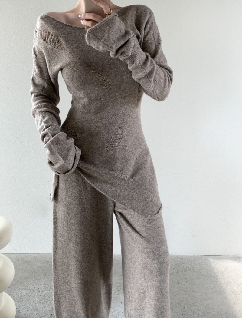 Knitted long pants holes tops 2pcs set