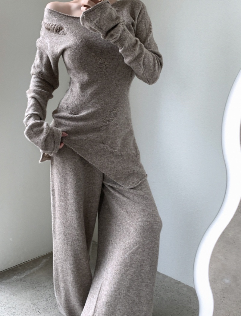 Knitted long pants holes tops 2pcs set