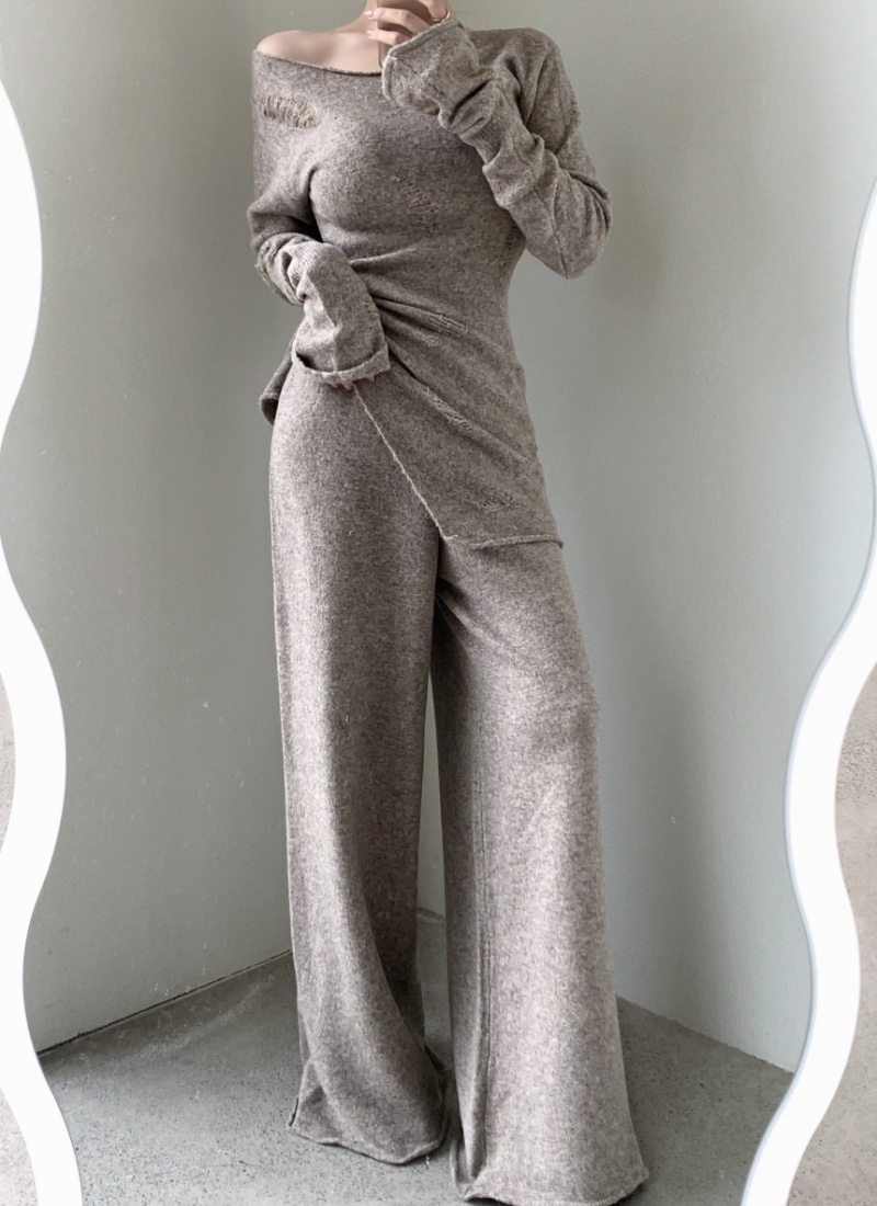 Knitted long pants holes tops 2pcs set