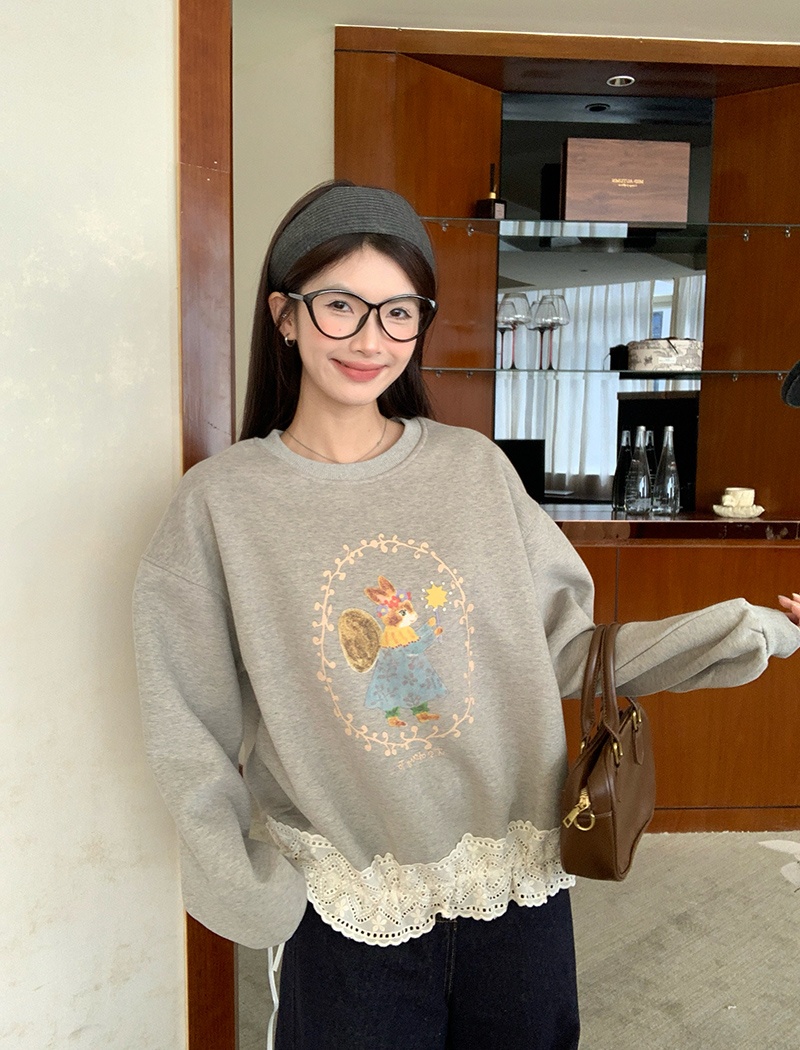 Thermal pure cotton hoodie round neck loose tops for women