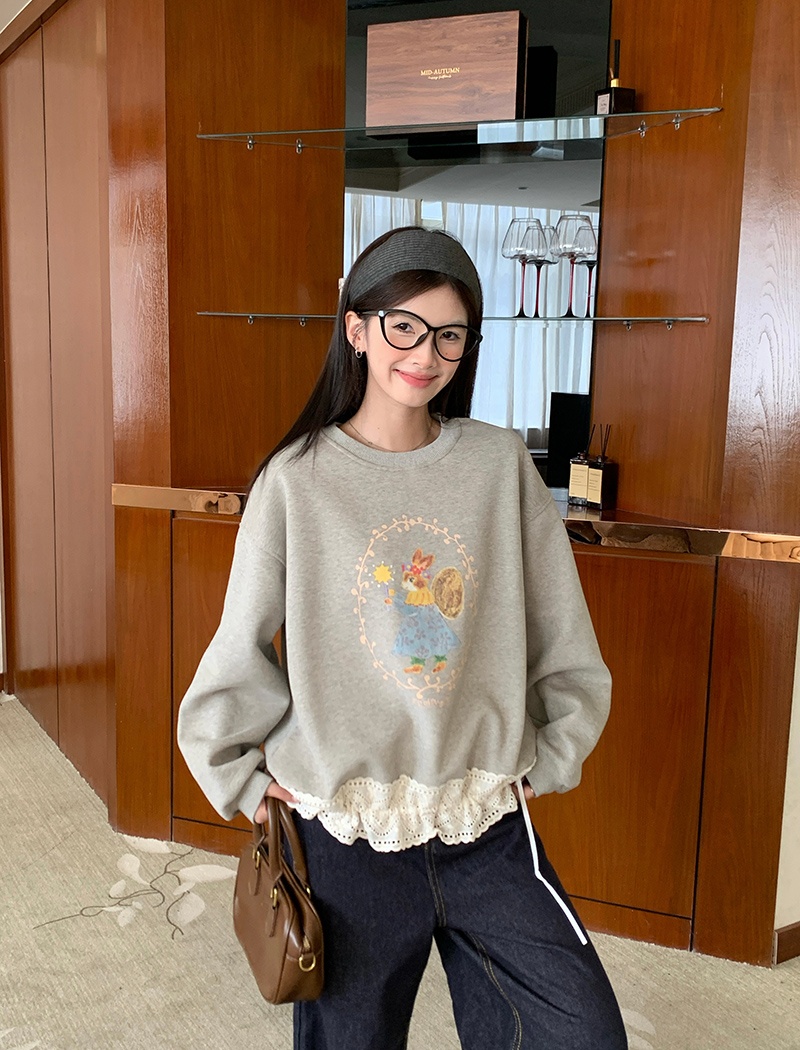 Thermal pure cotton hoodie round neck loose tops for women