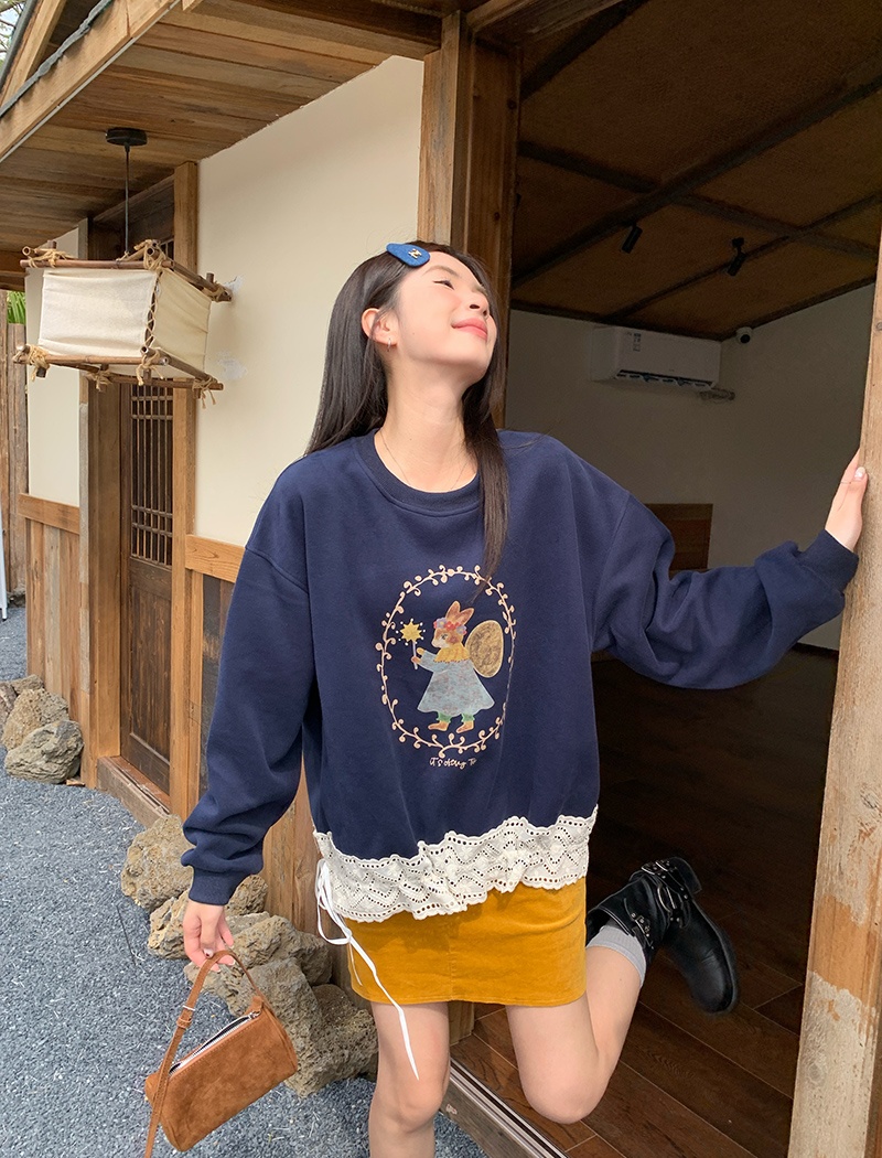 Thermal pure cotton hoodie round neck loose tops for women