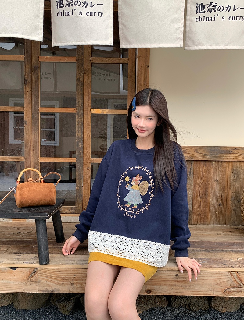 Thermal pure cotton hoodie round neck loose tops for women