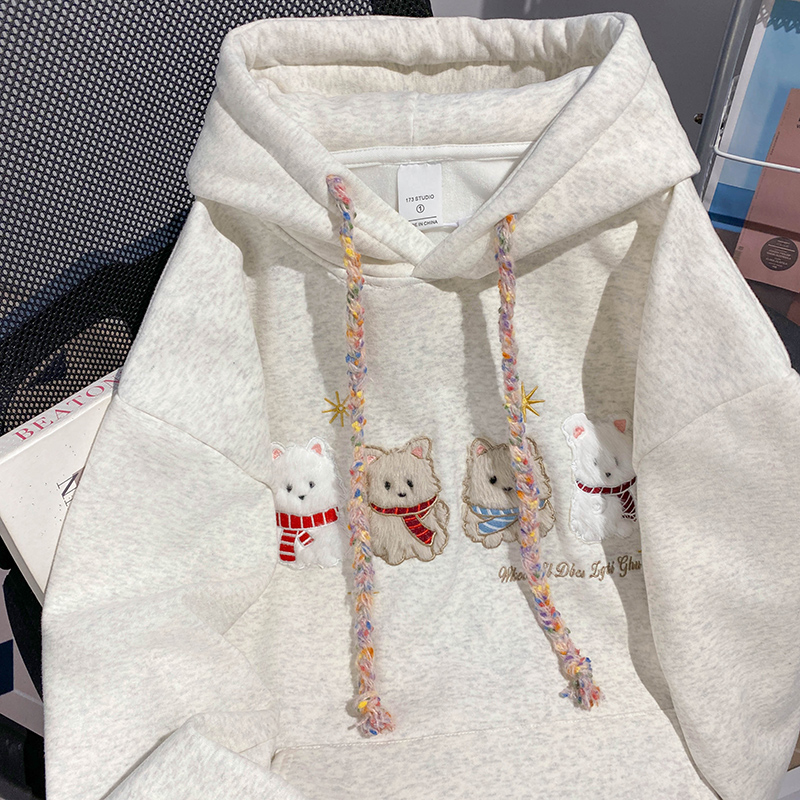 Hooded pure cotton tops thermal loose hoodie for women
