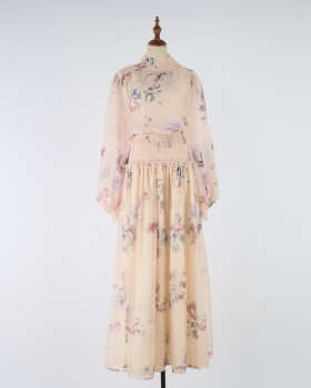 Light luxury lantern sleeve tops small high collar skirt a set