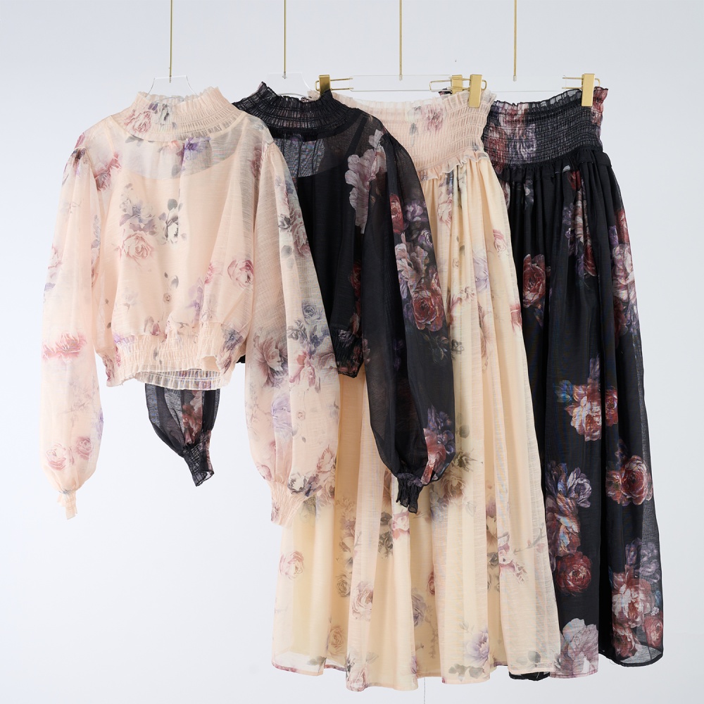 Light luxury lantern sleeve tops small high collar skirt a set
