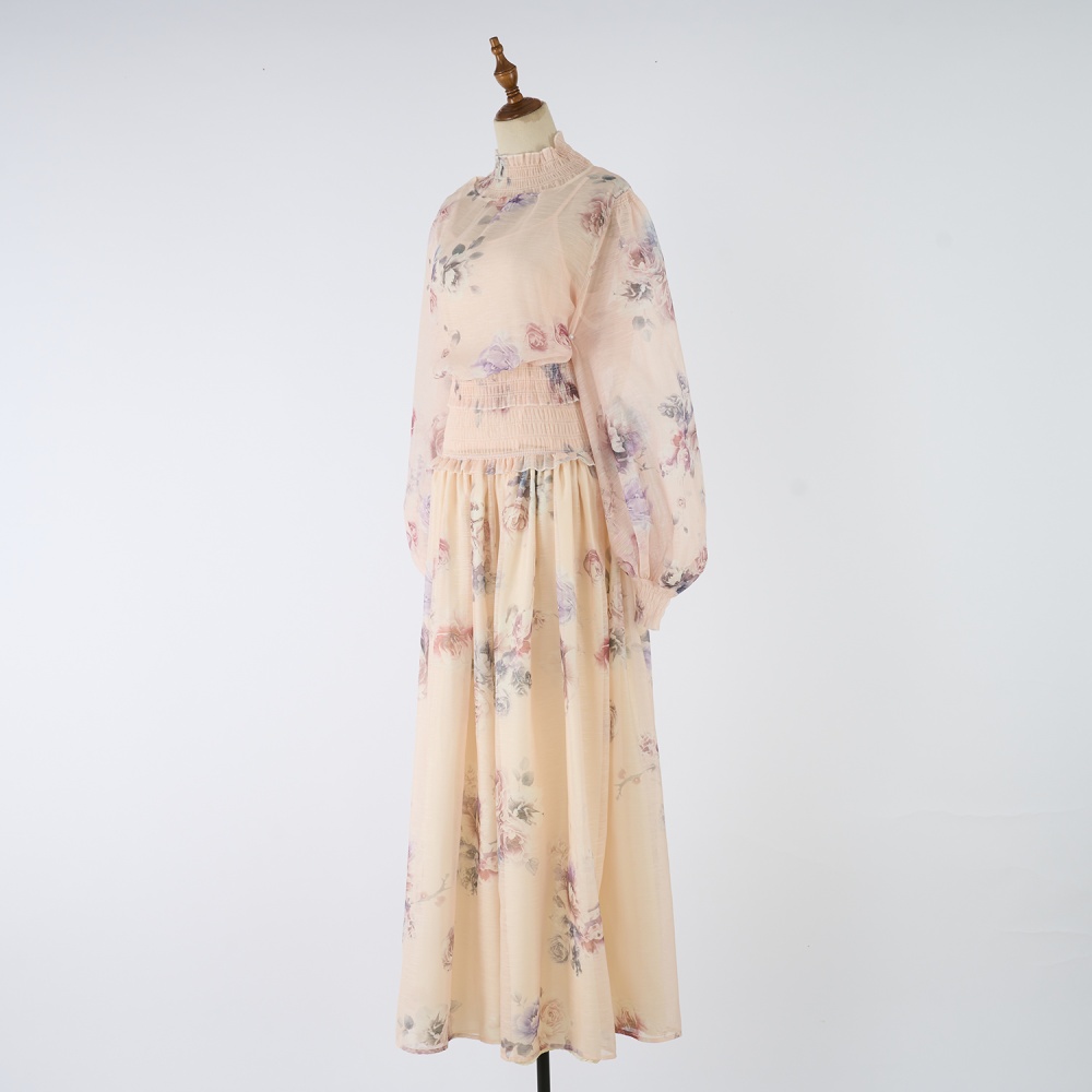 Light luxury lantern sleeve tops small high collar skirt a set