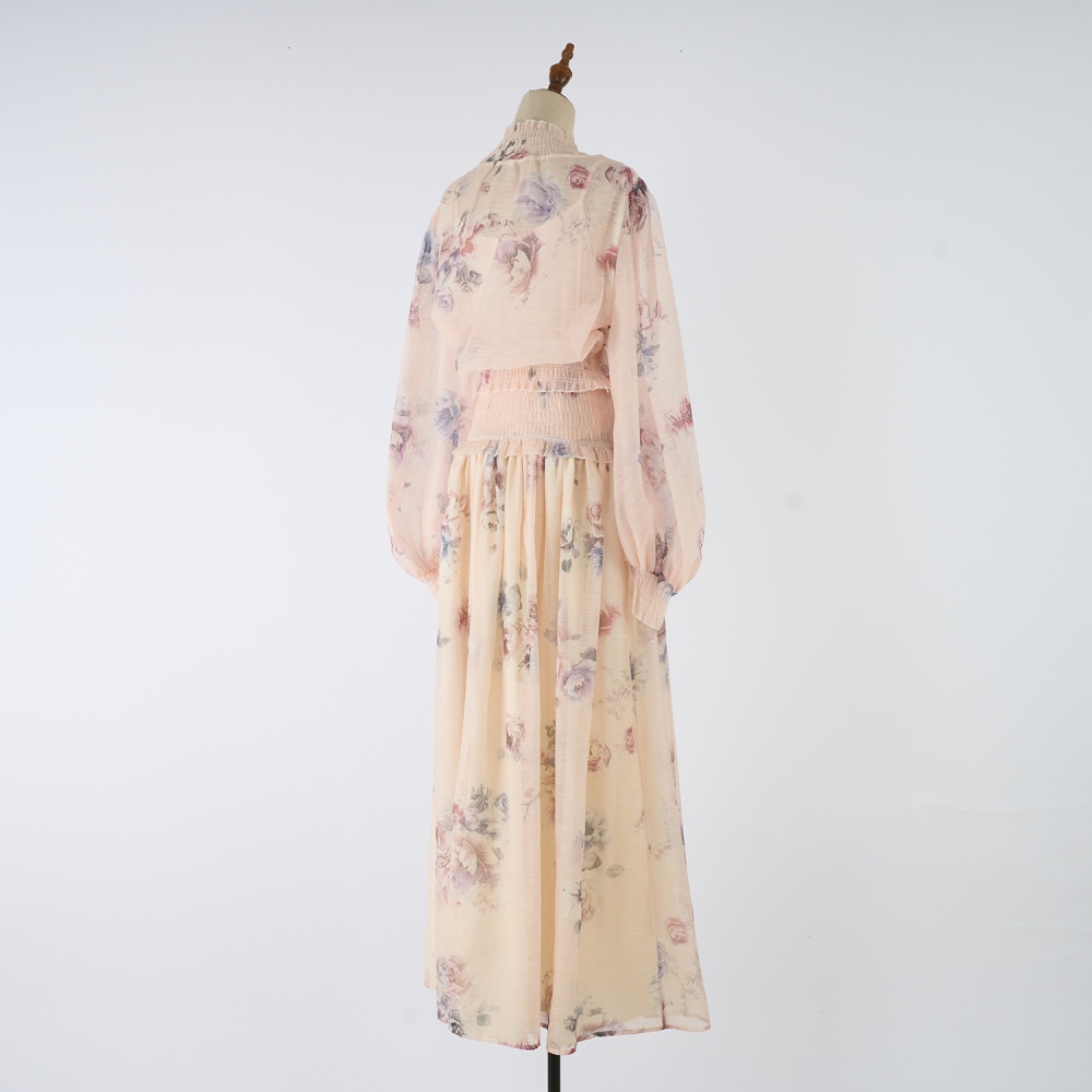 Light luxury lantern sleeve tops small high collar skirt a set