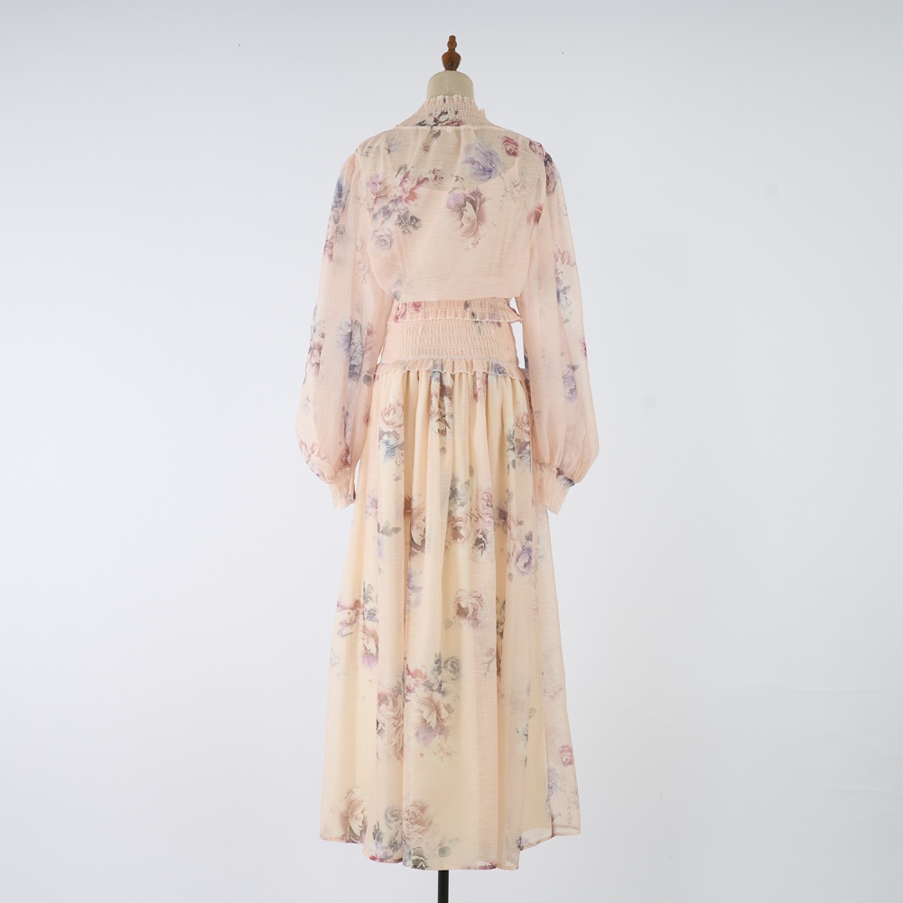 Light luxury lantern sleeve tops small high collar skirt a set