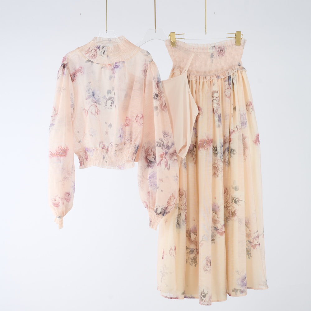 Light luxury lantern sleeve tops small high collar skirt a set