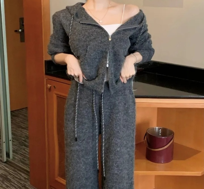 Fashion loose knitted slim casual pants 2pcs set