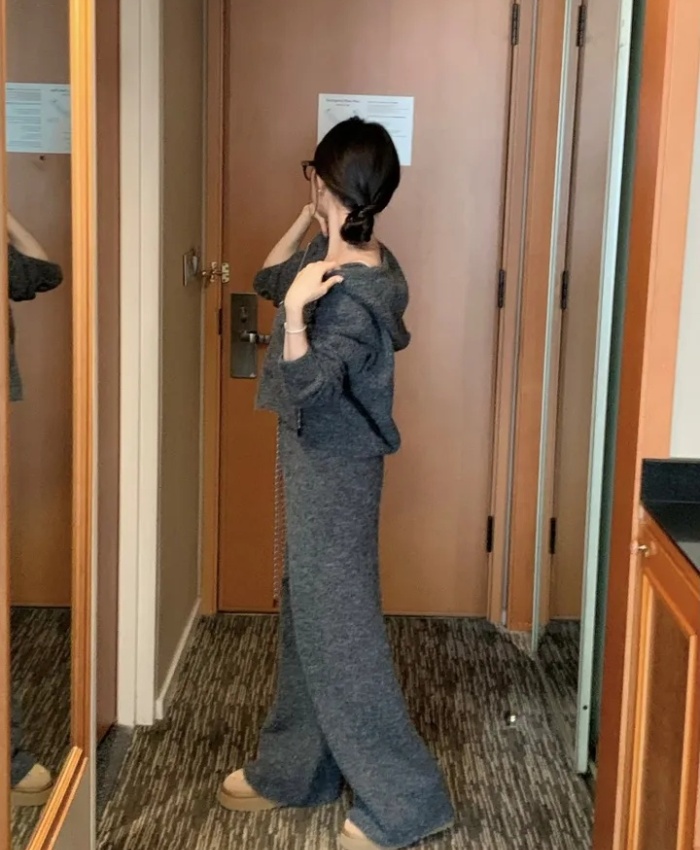 Fashion loose knitted slim casual pants 2pcs set