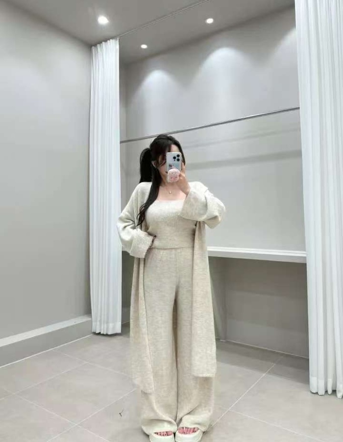 Lazy fashion vest autumn and winter wide leg pants 3pcs set