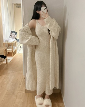 Knitted V-neck sweater sling long dress 2pcs set