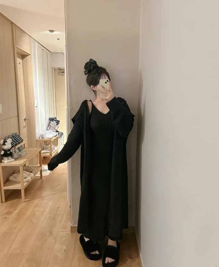 Knitted V-neck sweater sling long dress 2pcs set