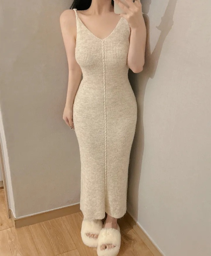 Knitted V-neck sweater sling long dress 2pcs set