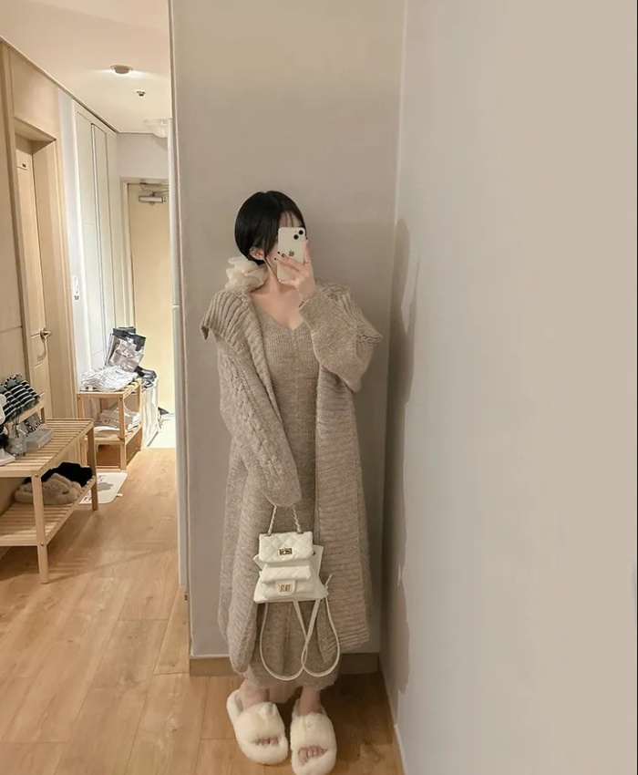 Knitted V-neck sweater sling long dress 2pcs set