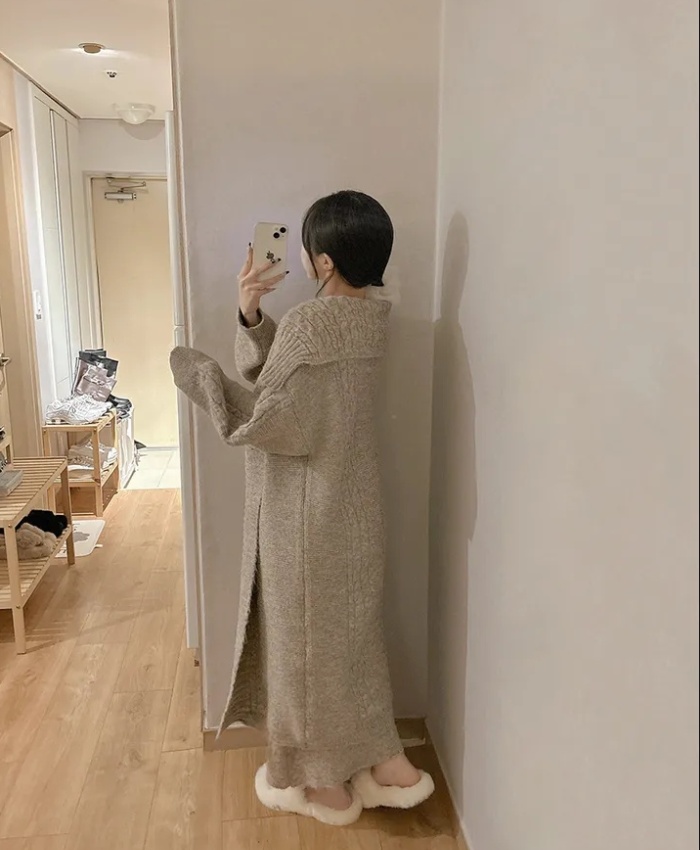 Knitted V-neck sweater sling long dress 2pcs set