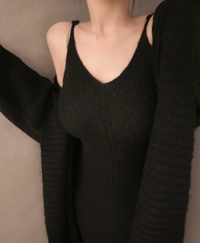 Knitted V-neck sweater sling long dress 2pcs set