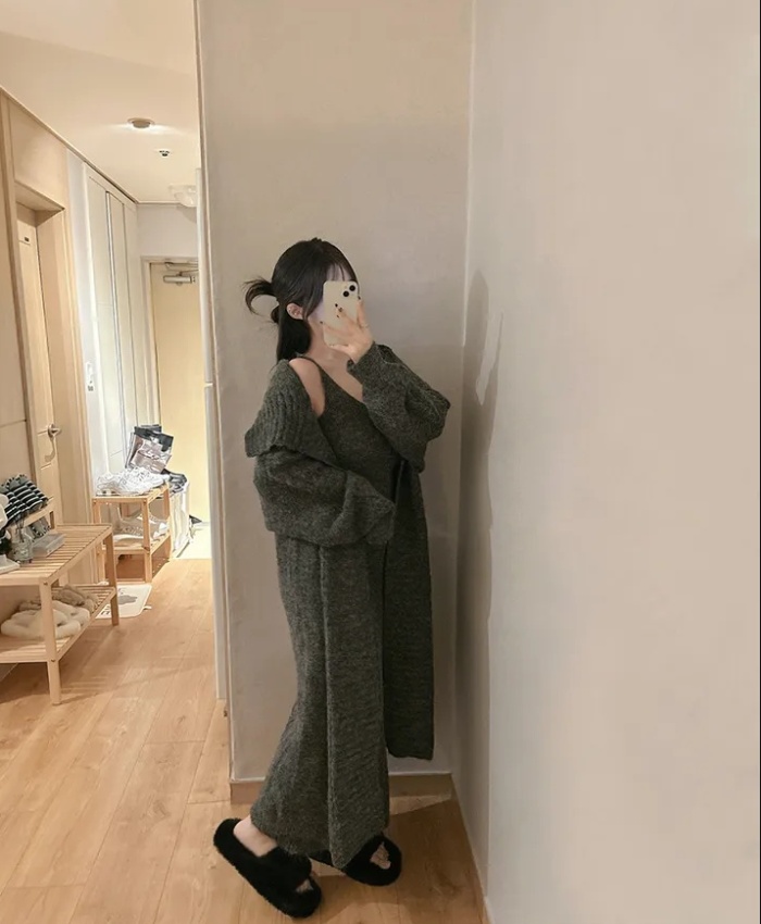Knitted V-neck sweater sling long dress 2pcs set