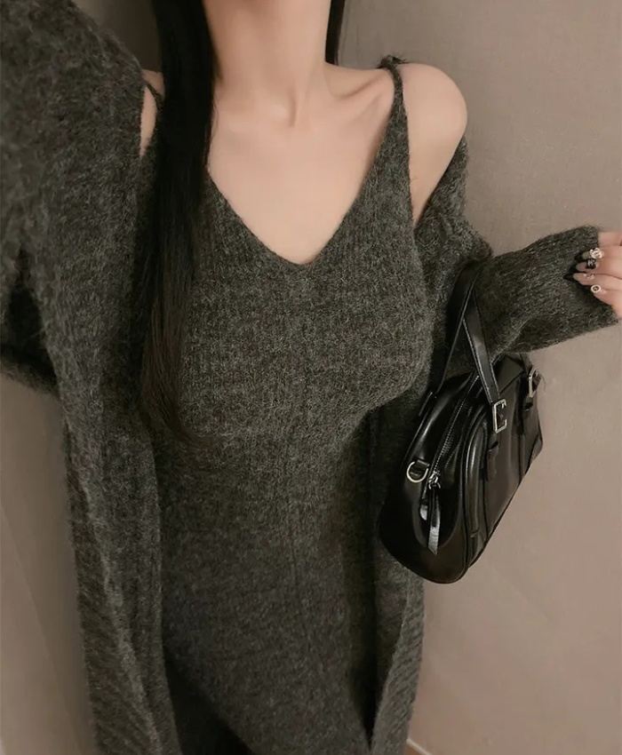 Knitted V-neck sweater sling long dress 2pcs set
