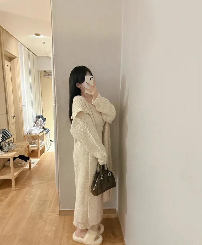 Knitted V-neck sweater sling long dress 2pcs set