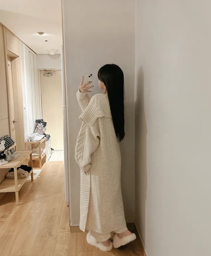 Knitted V-neck sweater sling long dress 2pcs set