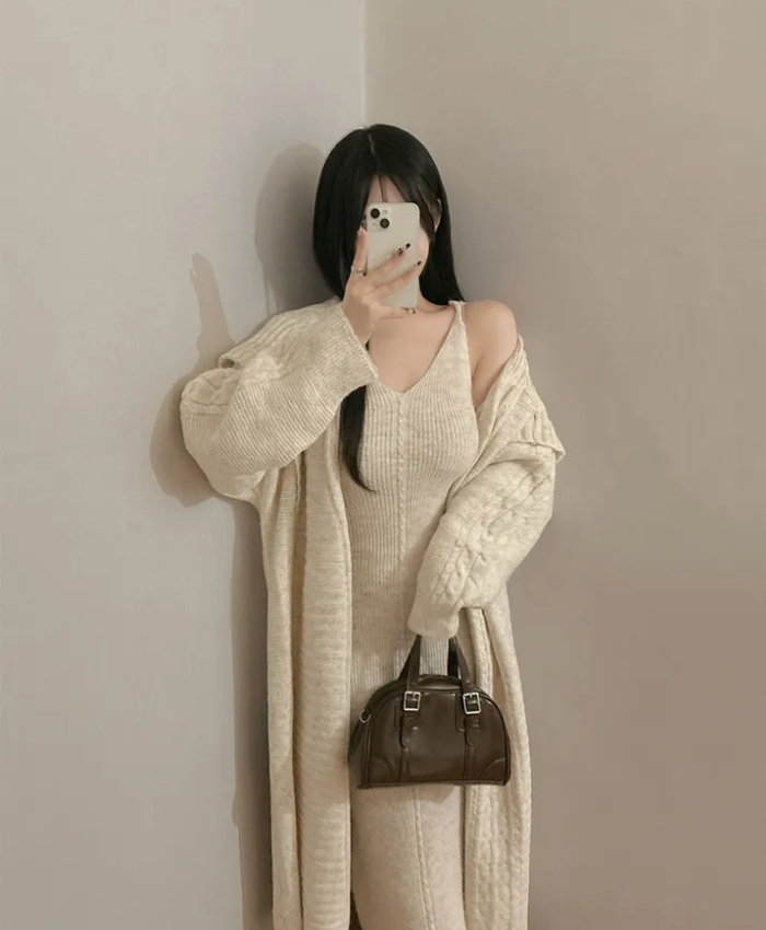 Knitted V-neck sweater sling long dress 2pcs set