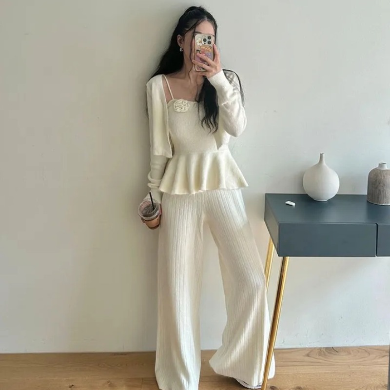 Flowers sweater France style coat 3pcs set for women