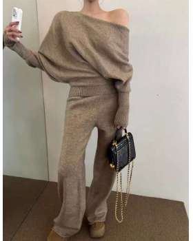 High waist long pants retro sweater 2pcs set