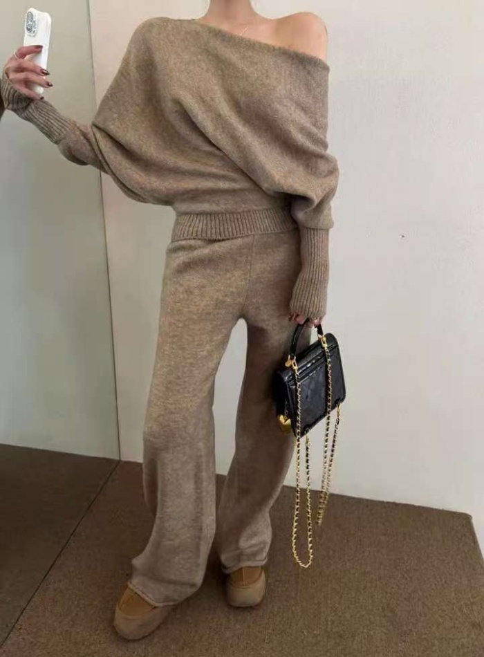 High waist long pants retro sweater 2pcs set