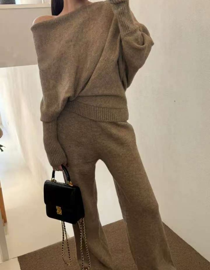 High waist long pants retro sweater 2pcs set