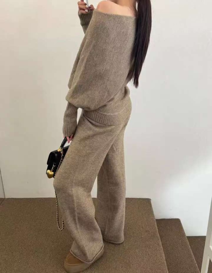 High waist long pants retro sweater 2pcs set