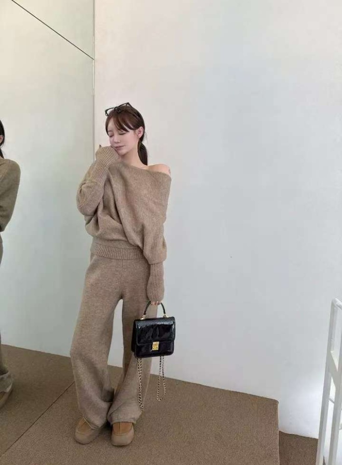 High waist long pants retro sweater 2pcs set