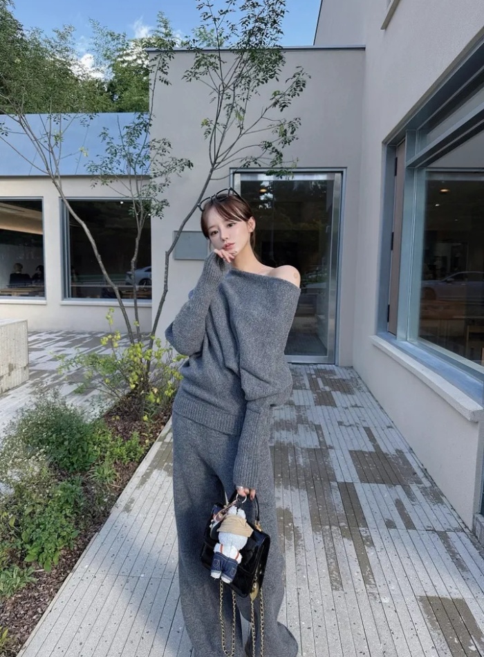 High waist long pants retro sweater 2pcs set