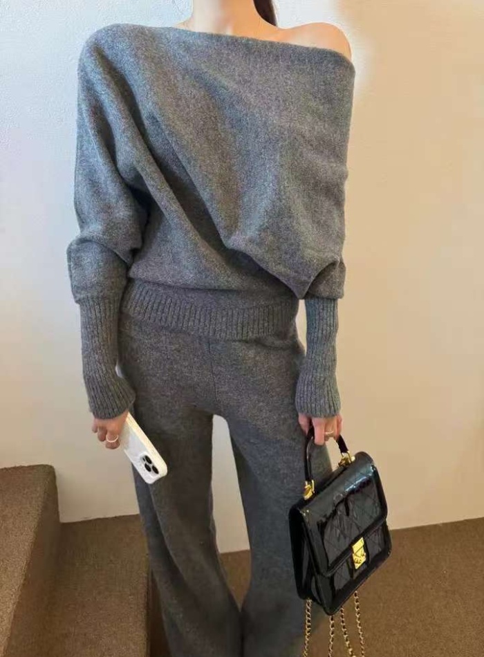 High waist long pants retro sweater 2pcs set
