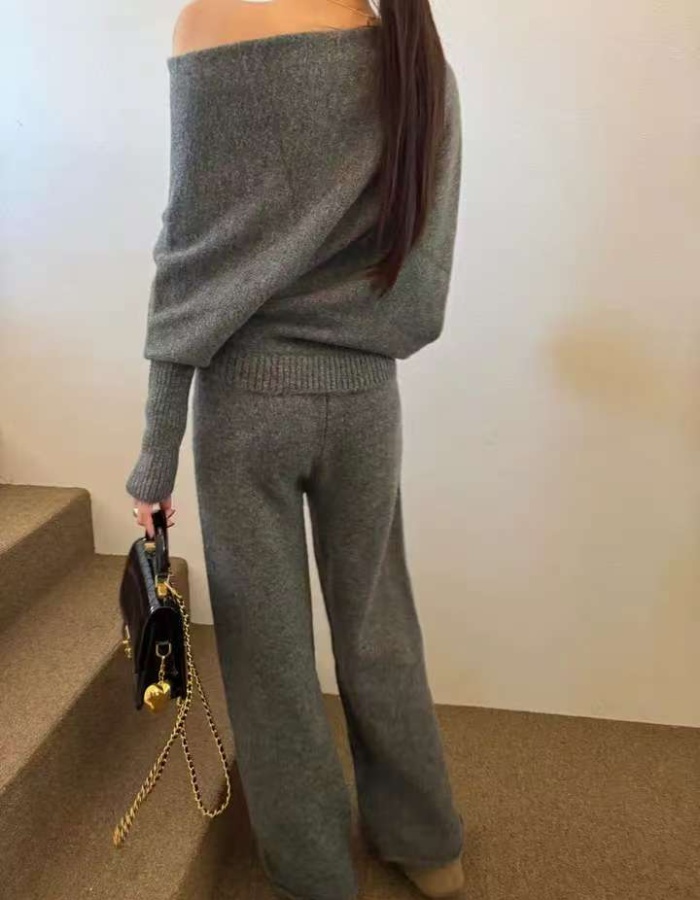 High waist long pants retro sweater 2pcs set