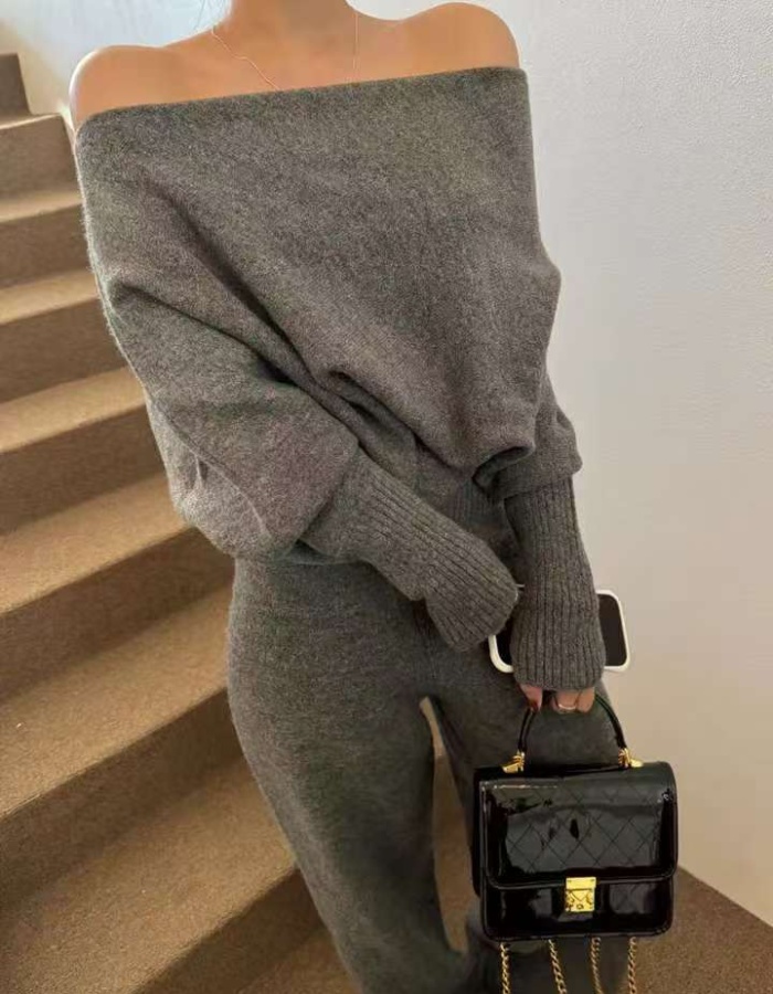 High waist long pants retro sweater 2pcs set