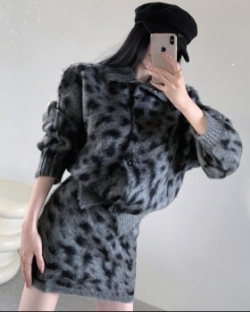 Korean style leopard sweater long sleeve fashion coat 2pcs set