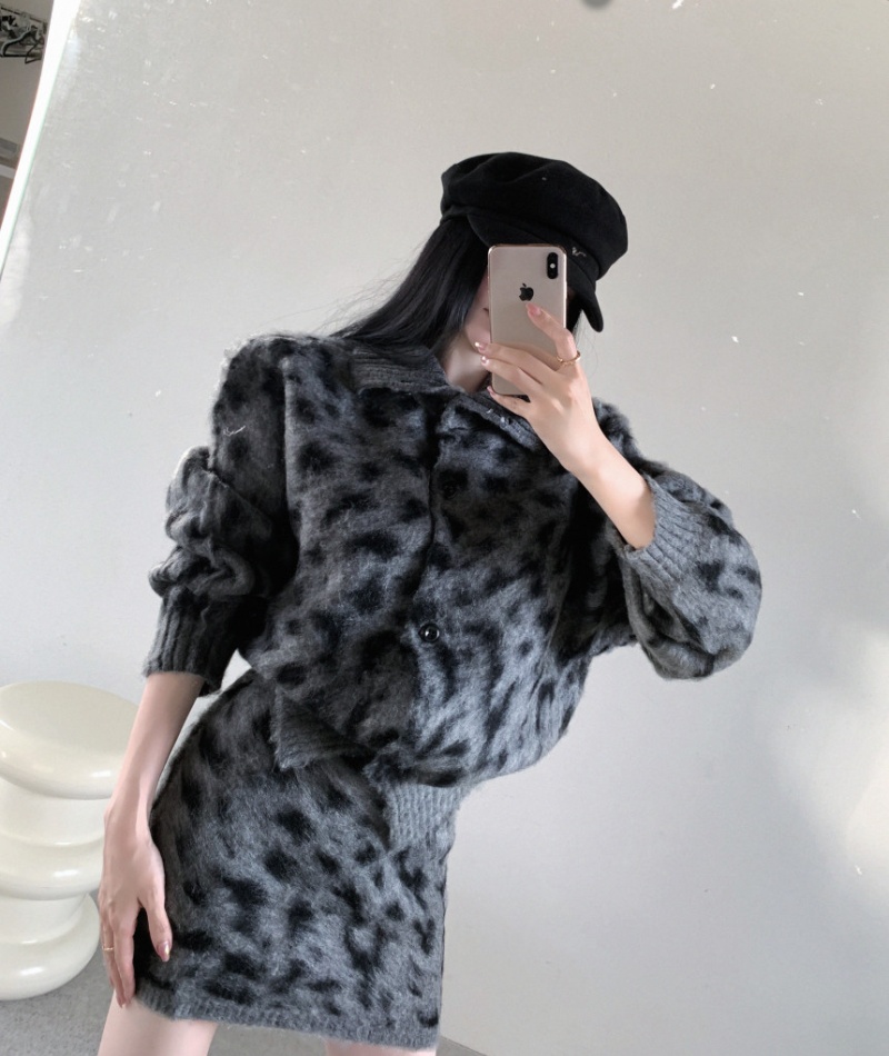 Korean style leopard sweater long sleeve fashion coat 2pcs set