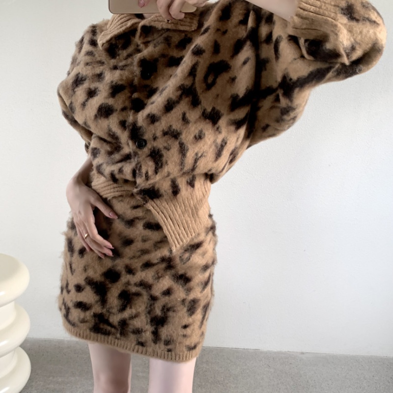 Korean style leopard sweater long sleeve fashion coat 2pcs set