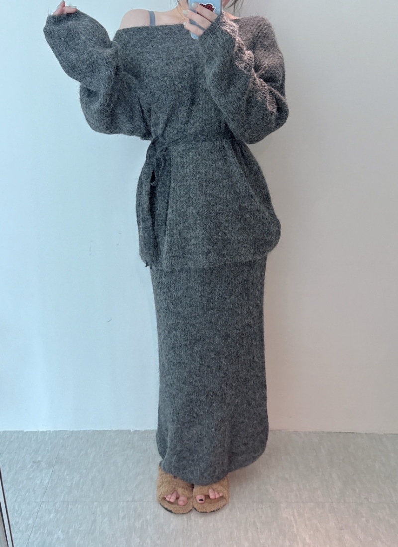 High waist sweater strapless skirt 2pcs set for women