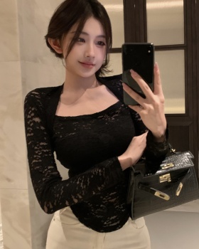 Square collar slim lace all-match autumn enticement tops