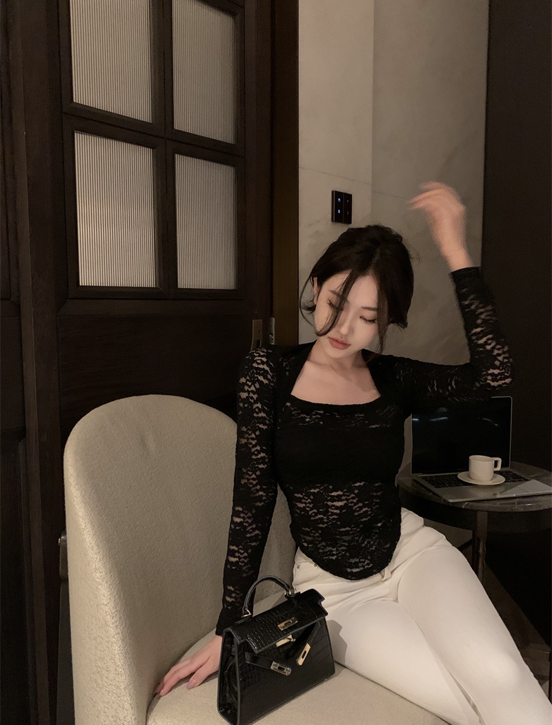Square collar slim lace all-match autumn enticement tops