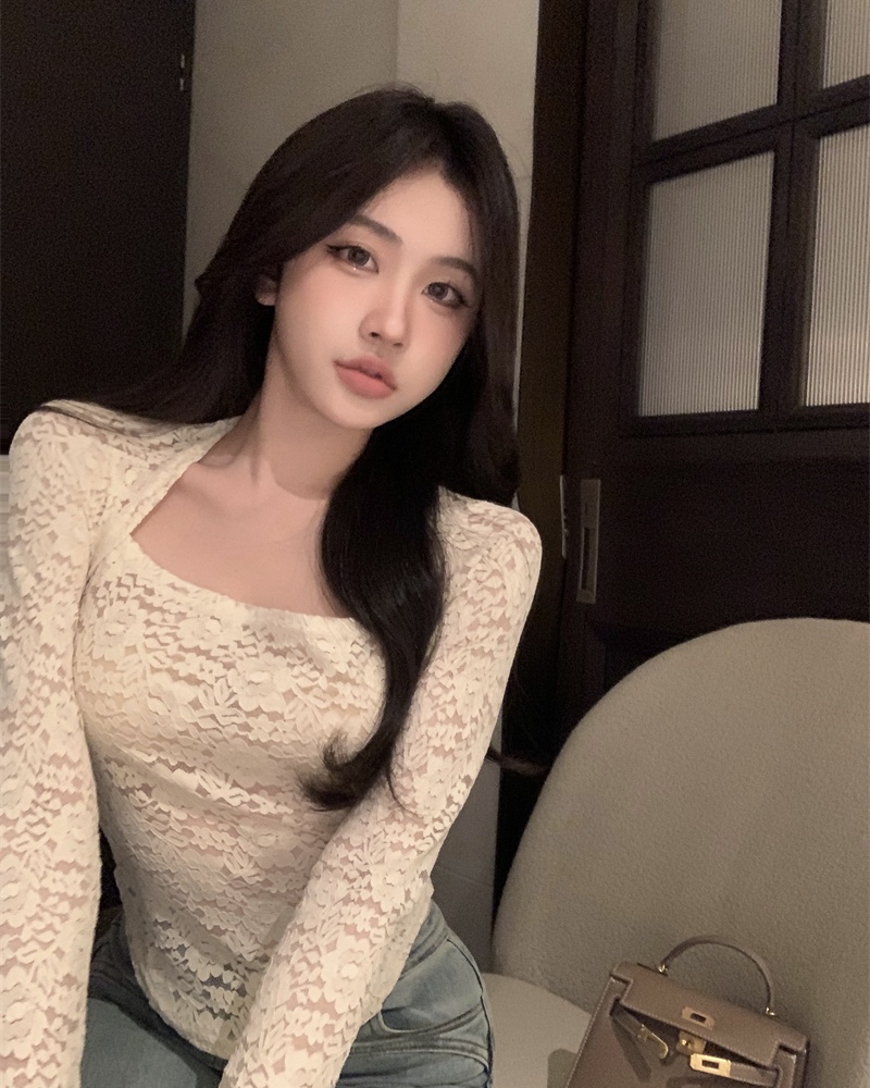 Square collar slim lace all-match autumn enticement tops