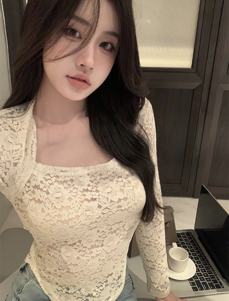 Square collar slim lace all-match autumn enticement tops