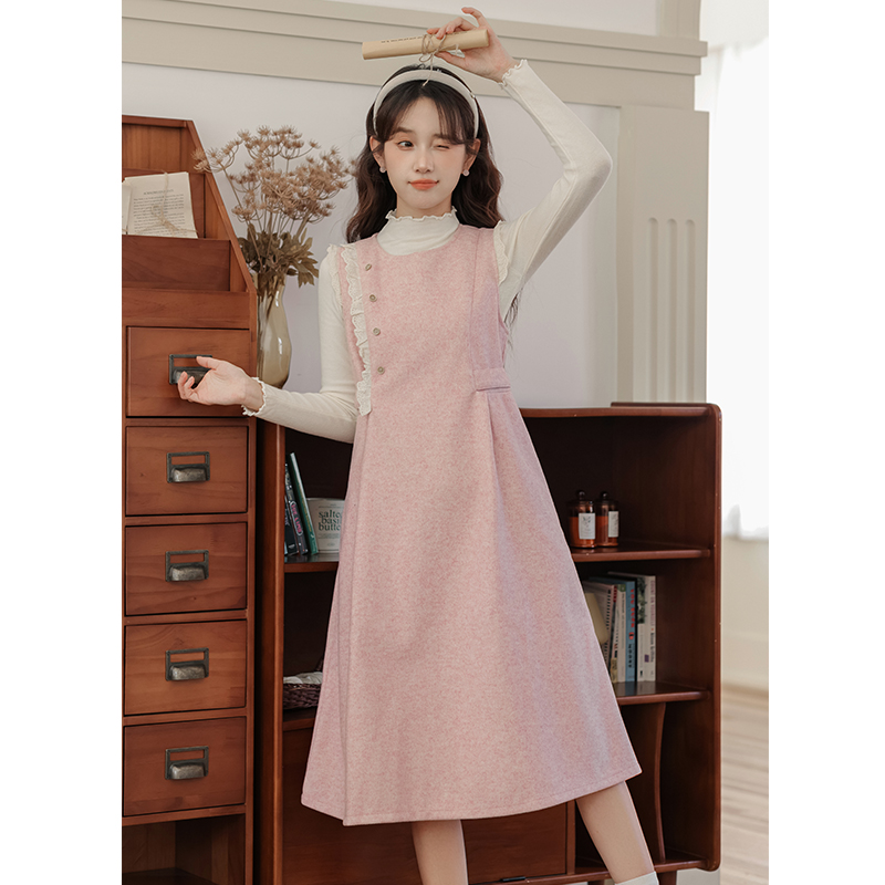 Apricot retro sweater woolen dress 2pcs set for women