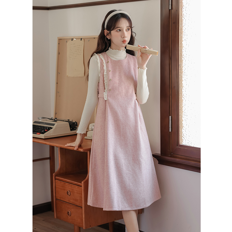 Apricot retro sweater woolen dress 2pcs set for women