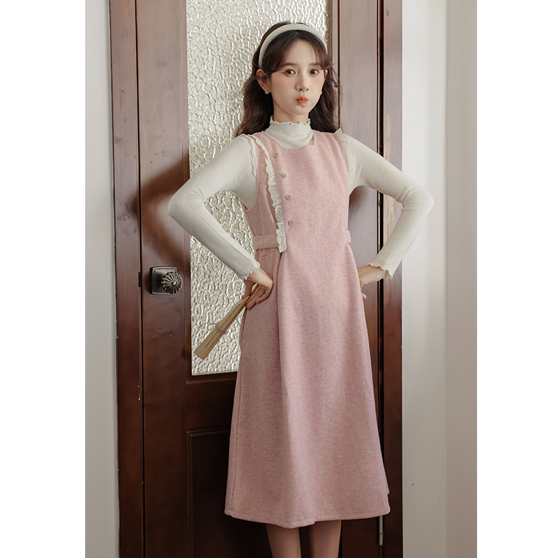 Apricot retro sweater woolen dress 2pcs set for women