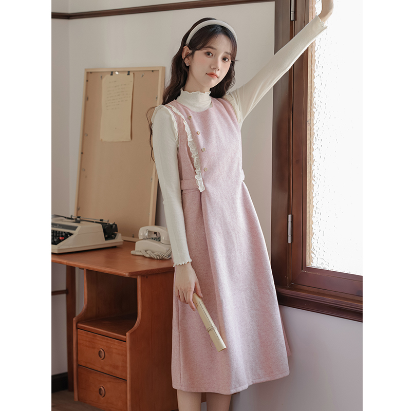 Apricot retro sweater woolen dress 2pcs set for women